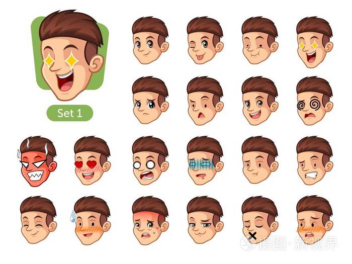 第一套男性面部情绪卡通人物设计,红色头发和不同的表情,在爱情中高兴