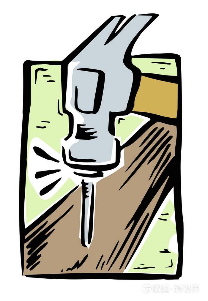 锤子把钉子钉在木头上的松散插图