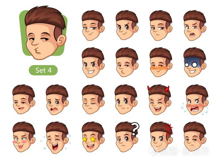 第四套男性面部情绪卡通人物设计 红色头发和不同的表情 快乐 无聊 可怕 变态 紧张 厌恶 惊讶 愚蠢 疯狂等 矢量图 插画 正版商用图片10nv9a 摄图新视界
