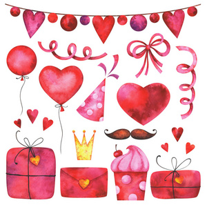 s day clip art set. Watercolor party collection of hearts, gift 