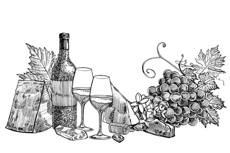 一瓶酒的组成, 两杯, 巴马干酪, 葡萄和橄榄叶。手绘雕刻风格插图。葡萄酒背景横幅