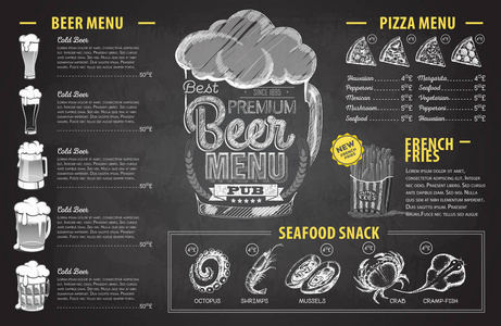 老式粉笔画啤酒菜单设计。餐厅菜单