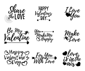 一套爱的标签。带画笔的字体。情人节徽章。矢量插图图标
