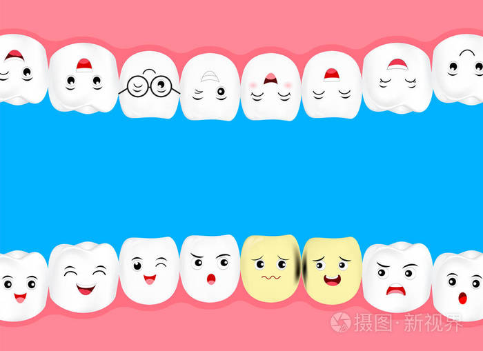可爱的卡通美白牙齿与腐烂问题牙科护理概念插图