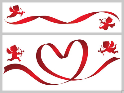 一组两个情人节卡片元素与红色丝带和杯状矢量插图。