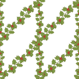槲寄生枝矢量图案在白色上。 绿色冬青叶与红色浆果圣诞主题。 新年装饰品的无缝图案。 圣诞快乐，新年快乐，传统风格。