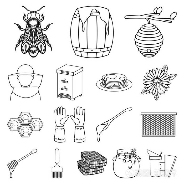 养蜂和养蜂大纲集中的图标设计。蜂蜜矢量符号库的设备与生产 web 插图