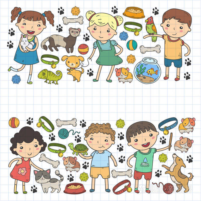 儿童动物园宠物店兽医幼稚园孩子与狗, 仓鼠, 猫动物和食物和配件插画