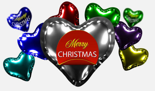 滚动红色, 圣诞快乐, 现实的纸横幅的背景下, 充气光泽球在心脏形状。矢量插图
