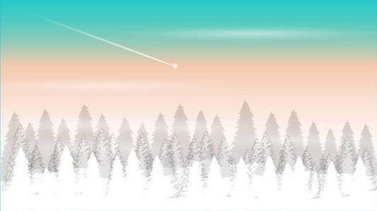圣诞节和新年背景。 装饰冬季景观雪花轻星杉树天山贺卡。 插图。