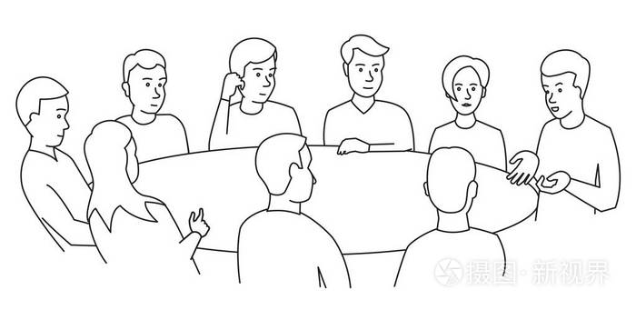 插画 圆桌会谈.团队商务人员会议九人.白色背景股票插图向量.eps