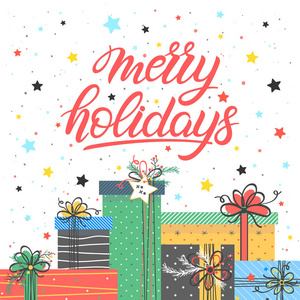 圣诞节和新年排版。梅里假日与不同的礼品盒雪花和星星。问候卡完美的打印传单卡邀请和更多。矢量插图。