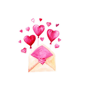 水彩 St 情人节插画。浪漫的信封与心脏。用于卡片设计打印或背景