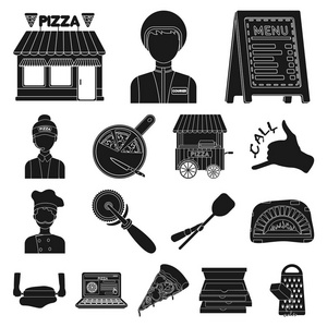 比萨饼和比萨店黑色图标集合中的设计。员工和设备矢量符号库存 web 插图