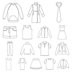 不同种类的服装轮廓图标集合中的设计。服装和风格矢量符号股票网站插图