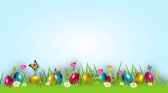 复活节背景与五颜六色的复活节彩蛋在草