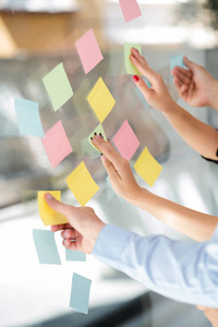 商务创业计划管理和人事概念快乐创意团队写在办公室玻璃板的贴纸上