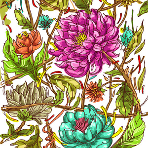 带有牡丹的花型。 彩色花卉图案矢量插图。