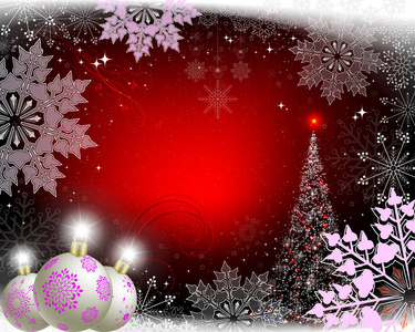 圣诞节红色背景与紫色的雪花, 白色的球和圣诞树