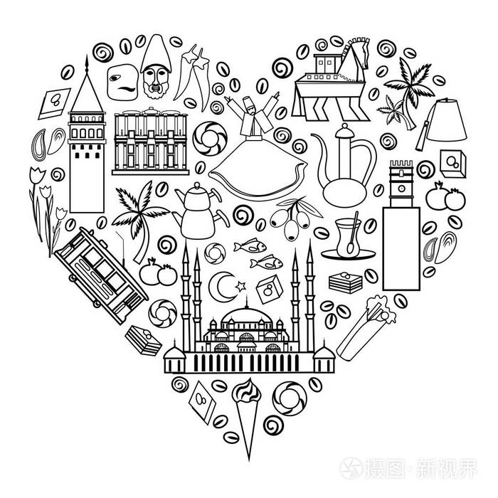 土耳其卡通矢量旅游插画, 地标加拉塔塔, 芒 nemrut, selimiye 清真寺