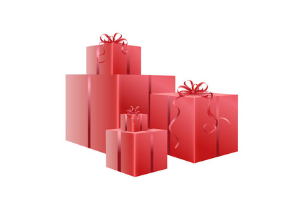 一套红色的礼品盒，有蝴蝶结和丝带。 矢量设计