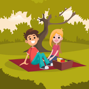 户外人物卡通一对年轻快乐的情侣坐在公园的野餐毯上.