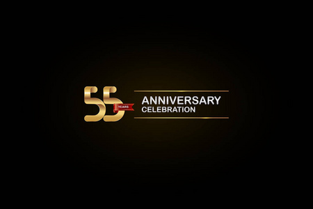 五十五周年庆祝标志型与金银和红色丝带在黑色背景。 邀请卡贺卡横幅矢量设计