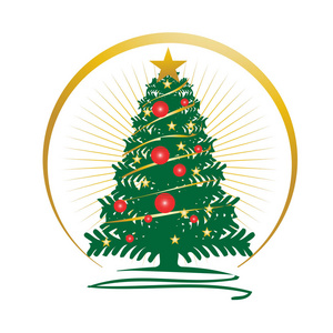 大胆的圣诞树插图与金色射线插图设计隔离在白色背景。