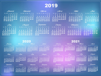 在网格渐变 ba 上设置白色日历20192020和2021