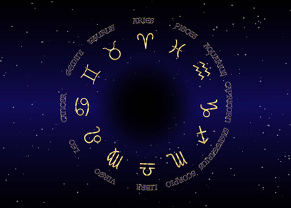 占星术与星座-十二生肖的黄金星座夜空和星辰夜空背景, 矢量插图照片