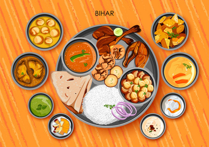 印度比哈尔邦的传统比哈尔菜和美食大盘