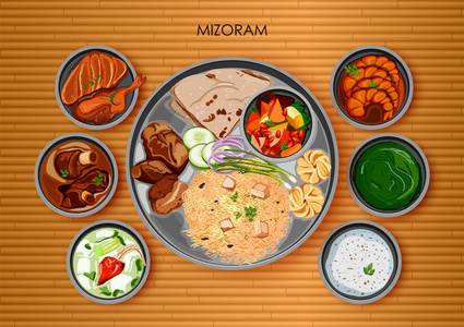 拉姆米佐拉姆邦印度传统 mizorami 菜和食品大盘插画