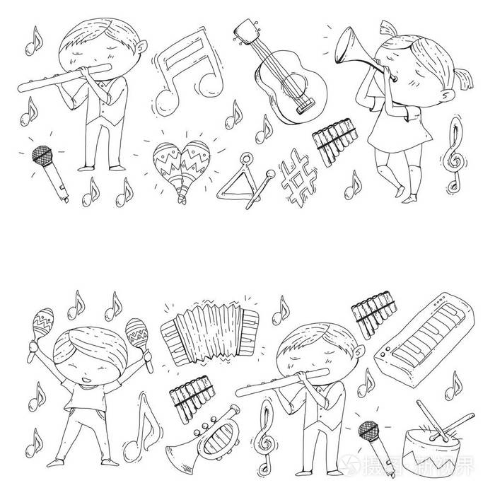 插画 音乐剧场幼儿园儿童用乐器鼓,长笛,手风琴,小号,钢琴音乐演奏和