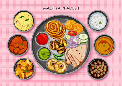 印度中央邦的传统菜肴和食物大盘