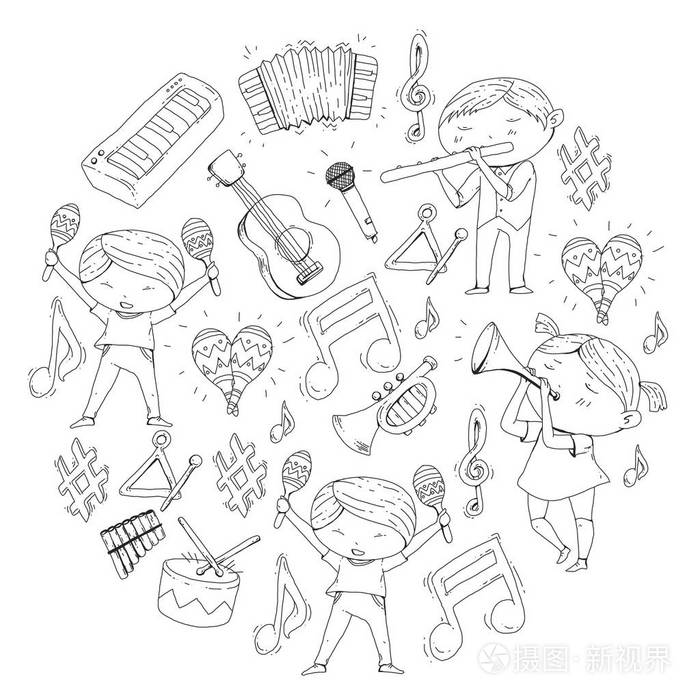 插画 音乐剧场幼儿园儿童用乐器鼓,长笛,手风琴,小号,钢琴音乐演奏和