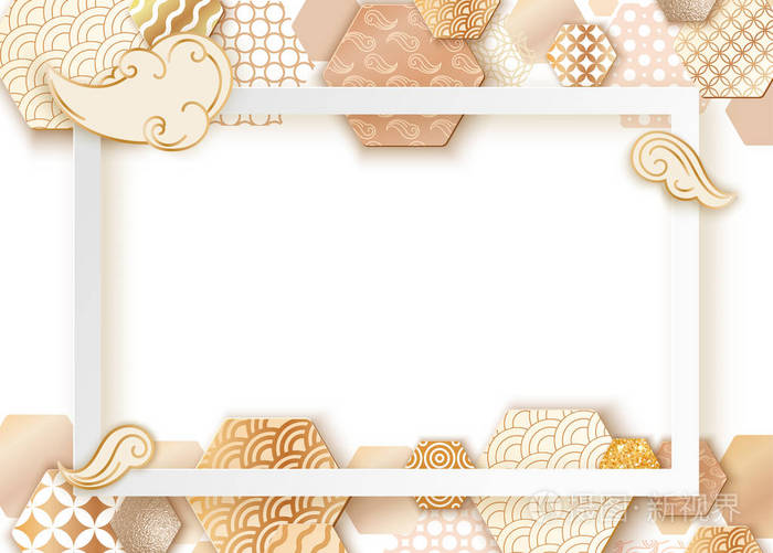 金色框架与日本波浪图案, 纸艺小册子, 卡片模板或背景在新潮的东方