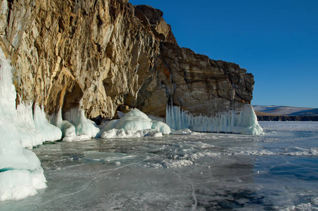俄罗斯。 西伯利亚东部。 令人惊讶的是，贝加尔湖冰的透明度，因为缺乏雪和极端寒冷的冬天。