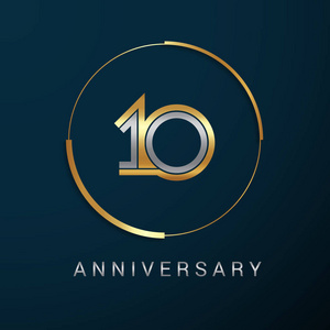 十年纪念日标志型与金银多线性数字在金圆矢量插图黑暗背景照片