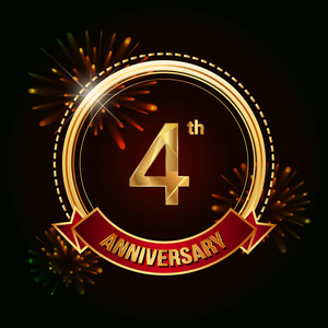 4周年纪念活动,在黑暗背景上用红色丝带和烟花矢量插图来庆祝照片