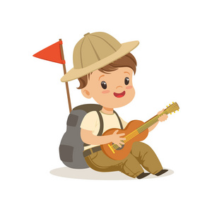 可爱的小男孩在童子军的服装弹吉他, 户外露营活动矢量插图照片