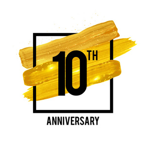 十年周年庆祝标志型与金刷装饰隔离在白色背景。 矢量插图