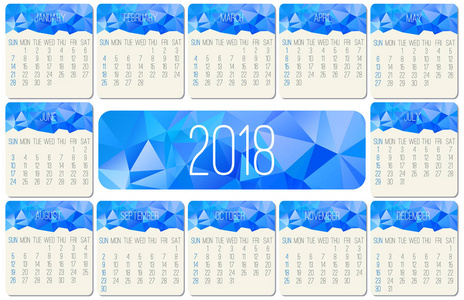 2018年矢量月日历。 从星期天开始的一周。 当代低聚蓝色设计。