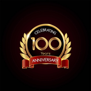 100年黄金周年纪念标志与红色丝带矢量插图黑暗背景照片