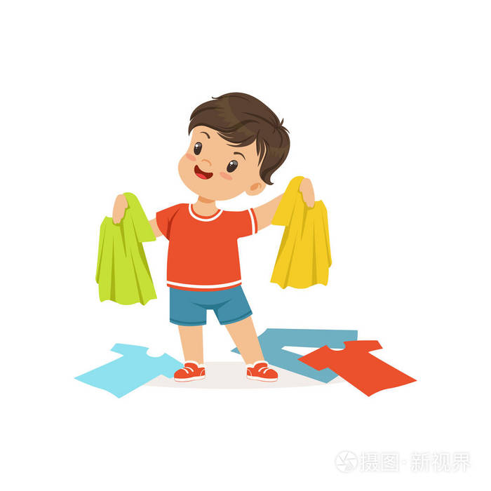 可爱的小恶霸站在散乱的衣服, 流氓开朗的小孩子, 坏孩子行为矢量插图