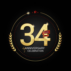 34年金周年标志与红色丝带低聚设计数字矢量插图黑色背景照片