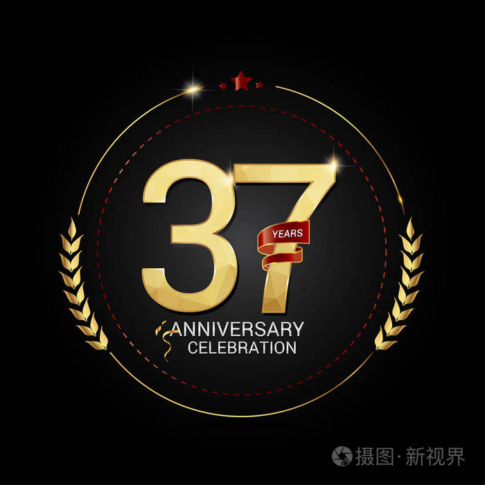 37年金周年标志与红色丝带低聚设计数字矢量插图黑色背景