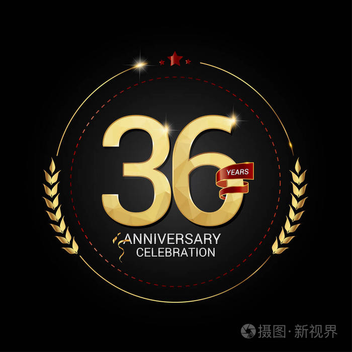 36年金周年标志与红色丝带低聚设计数字矢量插图黑色背景