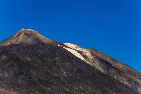 在蒂德国家公园特内里费加那利群岛上，一个彩色的蒂德火山的上坡景观。 图中的距离是一辆缆车，通向3718米TEIDE峰，这是西班牙