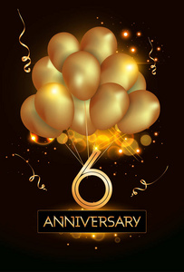 6周年标志庆祝与金色气球和纸屑矢量插图黑暗背景