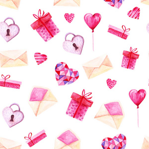 水彩 St 情人节模式。浪漫的粉红色的心, 礼品盒, 信封。用于卡片设计打印或背景